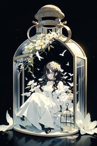 (1girl, black hair, gray eyes, small breasts, medium hair, wavy hair,) wide_shot, black background, fullbody,  white dress,JAR, inside bottle, glass,  flowers,  sitting, bird cage, trapped, 