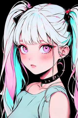 (masterpiece),,(best quality), 
1girl, solo, long hair, looking at viewer, blush, simple background, shirt, hair ornament, bare shoulders, twintails,  upper body, pink hair,  choker, hairclip, pink eyes, off shoulder, black shirt, black background,  multicolored eyes, covering mouth, off-shoulder shirt, 

High detailed ,masterpiece