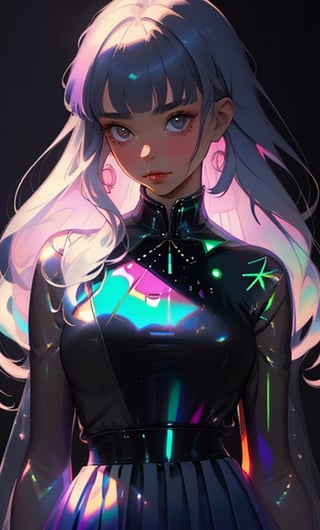 (masterpiece),(best quality), 

1girl, solo, long hair, looking at viewer, simple background, closed mouth, upper body, white hair, blunt bangs, lips, black background, portrait, 

hologram skirt,portrait,(dress hologram:1.2), bioluminescent liquid