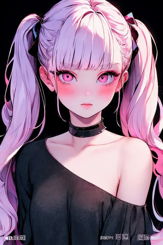 (masterpiece),,(best quality), 
1girl, solo, long hair, looking at viewer, blush, simple background, shirt, hair ornament, bare shoulders, twintails,  upper body, pink hair,  choker, hairclip, pink eyes, off shoulder, black shirt, black background,  multicolored eyes, covering mouth, off-shoulder shirt, 

High detailed ,masterpiece