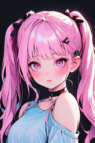 (masterpiece),,(best quality), 
1girl, solo, long hair, looking at viewer, blush, simple background, shirt, hair ornament, bare shoulders, twintails,  upper body, pink hair,  choker, hairclip, pink eyes, off shoulder, black shirt, black background,  multicolored eyes, covering mouth, off-shoulder shirt, 

High detailed ,masterpiece