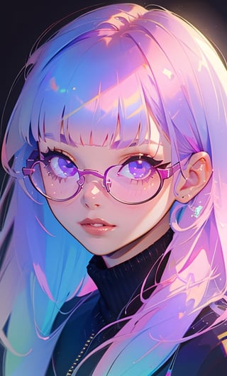 (masterpiece),(best quality), 

1girl, solo, long hair, looking at viewer, blue hair, purple eyes, pink hair, glasses, blunt bangs, lips, black background, portrait, round eyewear,  chromatic, chromatic hair,