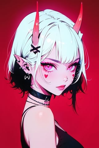 (masterpiece),,(best quality), 


1girl, solo, looking at viewer, short hair, black hair, hair ornament, jewelry, heart, earrings, horns, choker, pointy ears, pink eyes, makeup, colored skin, facial mark, piercing, x hair ornament, ear piercing, portrait, short hair with long locks