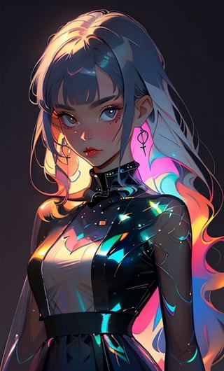 (masterpiece),(best quality), 

1girl, solo, long hair, looking at viewer, simple background, closed mouth, upper body, white hair, blunt bangs, lips, black background, portrait, 

hologram skirt,portrait,(dress hologram:1.2), bioluminescent liquid