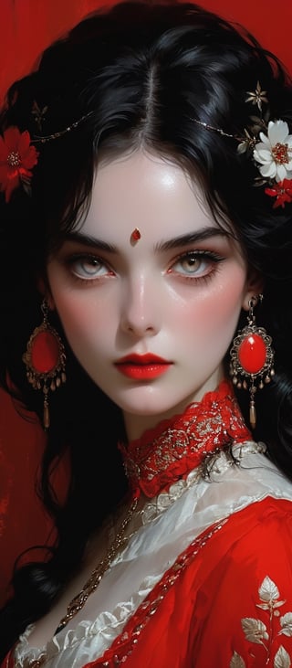 More about Elegant Portrait: Woman in Red and White An illustrated portrait of a woman with striking eyes and black hair, wearing a red and white historical dress, adorned with elegant jewelry.