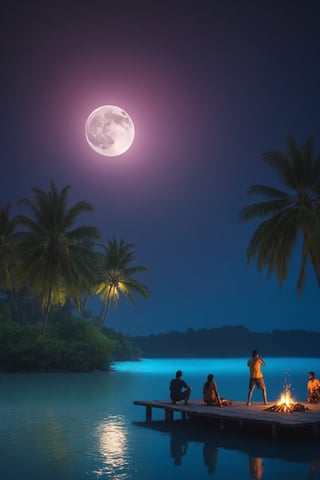 a dark night, a small island, big bull moon, milky way, two crossed coconut trees, big full moon, campfire, people dancing, enjoying, water reflections, hyperrealistic water,  detailed, uhd, dslr,  scenery,outdoors,night