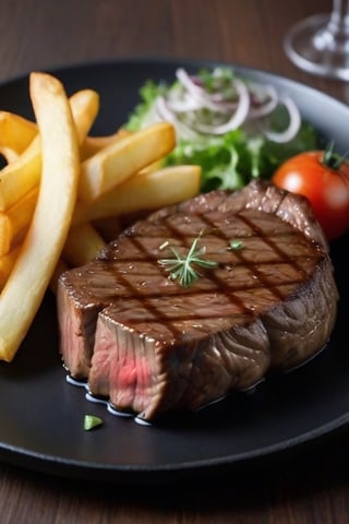 Beef steak, perfectly cooked, on a black plate, decorated beautifully. There were french fries on the plate. There are a few salad vegetables and tomatoes placed on a wooden table, giving the atmosphere of an English restaurant. high resolution images Use a macro lens to take beautiful photos with beautiful light.