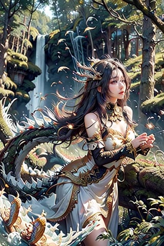 (masterpiece, top quality, best quality, official art, beautiful and aesthetic:1.2), (1girl),  "a girl with long hair watching a flying dragon", 1dragon, moss dragon dissolving into particles, forest, extreme detailed,(fractal art:1.3),highest detailed,DragonConfetti2024