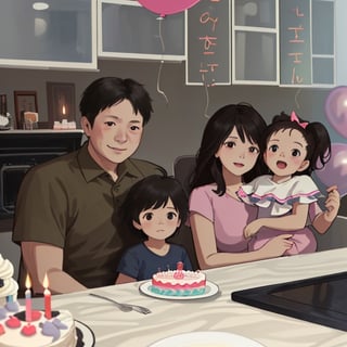 A family, the father and his little son are on the left, the mother is holding her daughter on the right, the father and mother are both young, and the mother is very beautiful, celebrate birthday, There is a birthday cake on the table, Background with ribbons and balloons to celebrate birthday