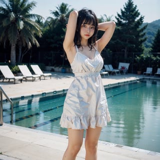 Full body photo of a girl standing near a swimming pool, raising both hands, tying hair, hands up, strong wind, showing armpits, hot body, perfect body, white sundress, summer dress, no bra, short dress, collarbone, cleavage, big breast, natural skin, 8k uhd, high quality, film grain, Fujifilm XT3, long straight hair, black hair, bangs, 20 years old girls, barefoot, depth of field, 