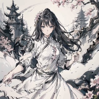 Natural Light, (Best Quality, highly detailed, Masterpiece), ((wide shot)), 
(beautiful and detailed eyes), (realistic detailed skin texture), (detailed hair), (full-length shot), ((expression Concentration)), ((fighting stance)), 1girl, impeccably detailed face, cute, A china female is standing in front of a tree with pink flowers and white background, wearing a mixture of leather armor and cloth clothing, with black hair. pay attention to details like clothing texture, sword behind, (clean outline), (sketch style line art), ink background,ink splash,