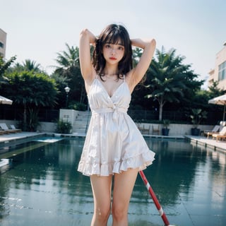 Full body photo of a girl standing near a swimming pool, raising both hands, tying hair, hands up, strong wind, showing armpits, hot body, perfect body, white sundress, summer dress, no bra, short dress, collarbone, cleavage, big breast, natural skin, 8k uhd, high quality, film grain, Fujifilm XT3, long straight hair, black hair, bangs, 20 years old girls, barefoot, depth of field, 