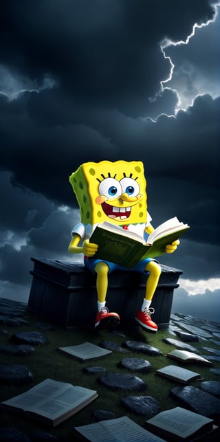 Spongebob reading a book under the dark clouds