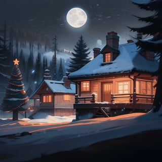 Winter landscape with falling snow, illuminated houses in the evening, Christmas trees, illuminated moon