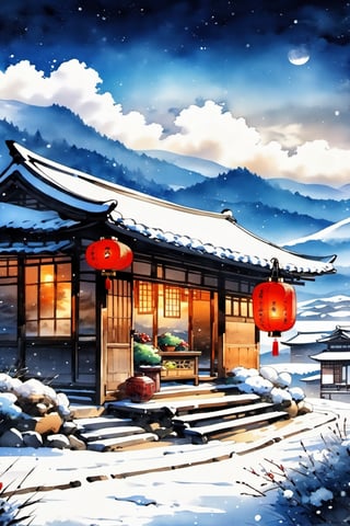 ((Masterpiece)),((Best Quality)),(((Detailed Background))), Watercolor style, panorama, wide angle shot, a winter New Year scene, sky, distant mountains with a small Chinese style rural house (In the lower right corner of the picture), there is a lantern hanging at the door.