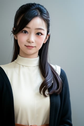 A masterpiece of a 6-year-old Japanese girl in a kindergarten, Very detailed, Full-body portrait, Standing with a slight smile, Wearing long pants and a cute off-the-shoulder knit sweatshirt, Black long hair, Symmetrical face, Realistic features, Big bright eyes with double eyelid, Innocent and curious expression, Soft and natural lighting, Gray background, Semi-backlit, Age 6.