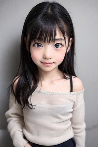 A masterpiece of a 6-year-old Japanese girl in a kindergarten, Very detailed, Full-body portrait, Standing with a slight smile, Wearing long pants and a cute off-the-shoulder knit sweatshirt, Black long hair, Symmetrical face, Realistic features, Big bright eyes with double eyelid, Innocent and curious expression, Soft and natural lighting, Gray background, Semi-backlit, Age 6.