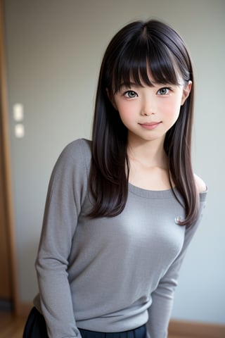 A masterpiece of a 6-year-old Japanese girl in a kindergarten, Very detailed, Full-body portrait, Standing with a slight smile, Wearing long pants and a cute off-the-shoulder knit sweatshirt, Black long hair, Symmetrical face, Realistic features, Big bright eyes with double eyelid, Innocent and curious expression, Soft and natural lighting, Gray background, Semi-backlit, Age 6.