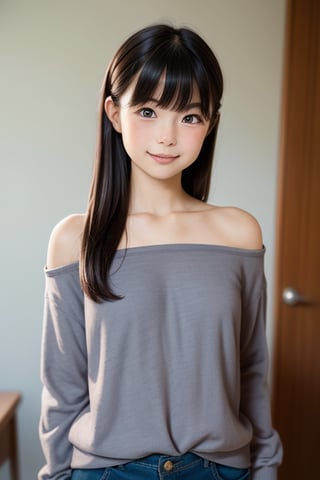 A masterpiece of a 6-year-old Japanese girl in a kindergarten, Very detailed, Full-body portrait, Standing with a slight smile, Wearing long pants and a cute off-the-shoulder knit sweatshirt, Black long hair, Symmetrical face, Realistic features, Big bright eyes with double eyelid, Innocent and curious expression, Soft and natural lighting, Gray background, Semi-backlit, Age 6.