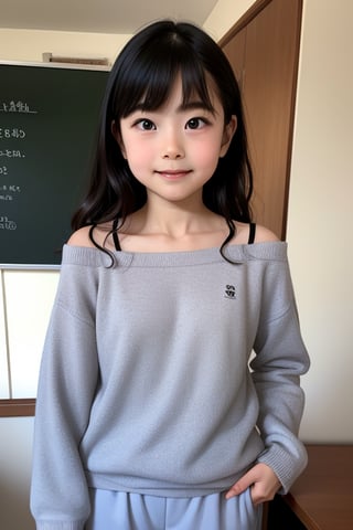 A masterpiece of a 6-year-old Japanese girl in a kindergarten, Very detailed, Full-body portrait, Standing with a slight smile, Wearing long pants and a cute off-the-shoulder knit sweatshirt, Black long hair, Symmetrical face, Realistic features, Big bright eyes with double eyelid, Innocent and curious expression, Soft and natural lighting, Gray background, Semi-backlit, Age 6.