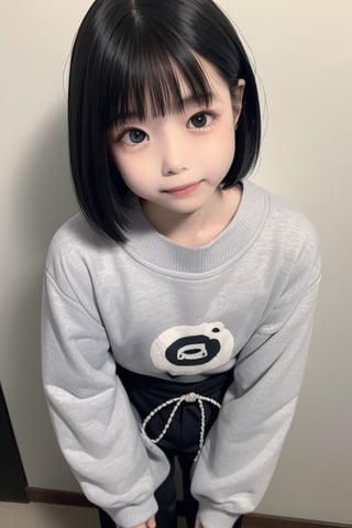 A masterpiece of a 6-year-old Japanese girl in a kindergarten, Very detailed, Full-body portrait, Standing with a slight smile, Wearing long pants and a cute off-the-shoulder knit sweatshirt, Black long hair, Symmetrical face, Realistic features, Big bright eyes with double eyelid, Innocent and curious expression, Soft and natural lighting, Gray background, Semi-backlit, Age 6.