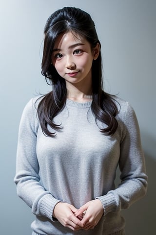 A masterpiece of a 6-year-old Japanese girl in a kindergarten, Very detailed, Full-body portrait, Standing with a slight smile, Wearing long pants and a cute off-the-shoulder knit sweatshirt, Black long hair, Symmetrical face, Realistic features, Big bright eyes with double eyelid, Innocent and curious expression, Soft and natural lighting, Gray background, Semi-backlit, Age 6.