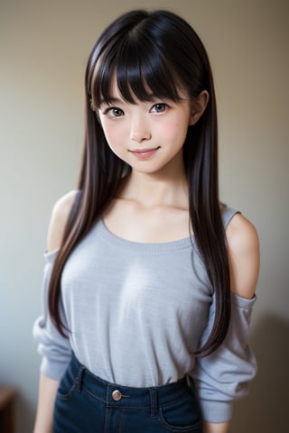 A masterpiece of a 6-year-old Japanese girl in a kindergarten, Very detailed, Full-body portrait, Standing with a slight smile, Wearing long pants and a cute off-the-shoulder knit sweatshirt, Black long hair, Symmetrical face, Realistic features, Big bright eyes with double eyelid, Innocent and curious expression, Soft and natural lighting, Gray background, Semi-backlit, Age 6.