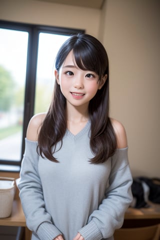 A masterpiece of a 6-year-old Japanese girl in a kindergarten, Very detailed, Full-body portrait, Standing with a slight smile, Wearing long pants and a cute off-the-shoulder knit sweatshirt, Black long hair, Symmetrical face, Realistic features, Big bright eyes with double eyelid, Innocent and curious expression, Soft and natural lighting, Gray background, Semi-backlit, Age 6.