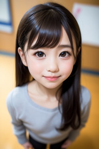 A masterpiece of a 6-year-old Japanese girl in a kindergarten, Very detailed, Full-body portrait, Standing with a slight smile, Wearing long pants and a cute off-the-shoulder knit sweatshirt, Black long hair, Symmetrical face, Realistic features, Big bright eyes with double eyelid, Innocent and curious expression, Soft and natural lighting, Gray background, Semi-backlit, Age 6.