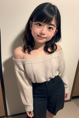 A masterpiece of a 6-year-old Japanese girl in a kindergarten, Very detailed, Full-body portrait, Standing with a slight smile, Wearing long pants and a cute off-the-shoulder knit sweatshirt, Black long hair, Symmetrical face, Realistic features, Big bright eyes with double eyelid, Innocent and curious expression, Soft and natural lighting, Gray background, Semi-backlit, Age 6.