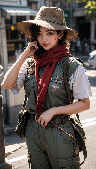 When the camera focuses on this 22-year-old woman, what we see is a very representative Boy Scout. She is as slender as a model, with a charming smile like Lin Chiling's, but her eyes contain determination and perseverance. She wore green Scout trousers, a khaki short-sleeved Scout uniform, and a Scout hat, showing off her overall style. The wooden badge on the brooch proves her important position in the Scout organization of the Republic of China, and the wooden badge scarf symbolizes the special role she plays. She held the Boy Scout stick tightly in one hand and made the standard three-finger salute of the Boy Scouts with the other hand, showing her loyalty to the Scout ideals. This day happens to be March 5th, and people celebrate Scouting Day all over the world. Her costume also features the Baden-Powell badge, which is a tribute to the founding place of the global Scout movement. Her full-body panoramic photo is undoubtedly an excellent visual letter, showing the spirit of the Scout organization of the Republic of China. Beauty, determination and loyalty are all fully reflected in this young woman.