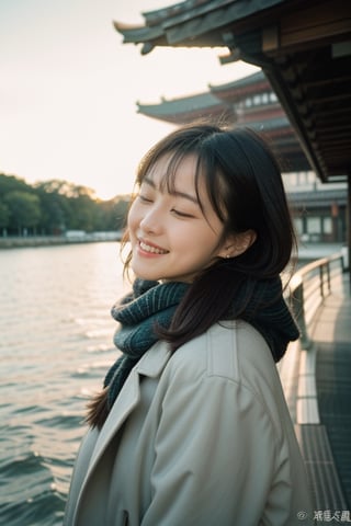 SDS_girl,ulzzang,naver fanpop,streaming on twitch,solo,long coat,white scarf,sea,The glimmer of the sea,KODAK Ektar 100,(Film grain:1.2),light particles,closed eyes, raise her head,wind, hair floating, earrings,sunshine,from front,film girl,chinatsumura,natural light,Ambient Light,smile,