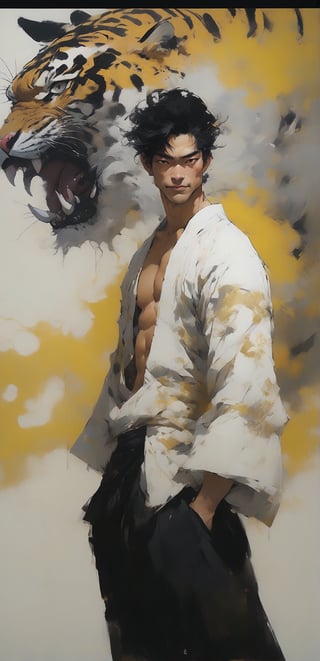 (full body portrait of a Japanese strong man in the style of Conrad Roset, Nicola Samori), smile:0.8, short black hair, (tiger’s Spirit behind :1.3 ), (white kimono:1.3), (yellow , moiré:1.3), more detail XL, upper body shot,look at viewer,raising fist,powerful punch,