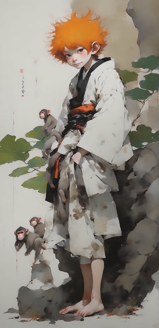 (full body portrait of a Japanese little boy in the style of Conrad Roset, Nicola Samori), smile, (short orange hair),(monkey ears:1.3 ),monkey  tail, (pure white kimono:1.3), (brown , Leaf print:1.3), more detail XL,squatting on the rock,forest