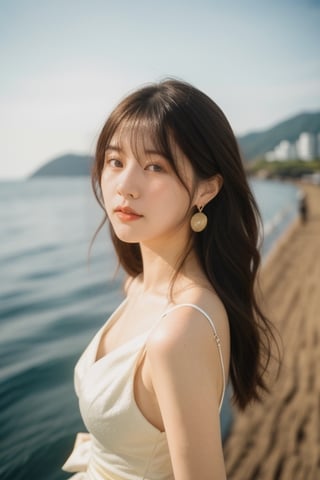 SDS_girl,ulzzang,naver fanpop,streaming on twitch,solo,blouses,sea,The glimmer of the sea,KODAK Ektar 100,(Film grain:1.2),light particles,(looking at viewer:0.8),earrings,sunshine,body bend over,film girl,chinatsumura,dream_girl,from front,