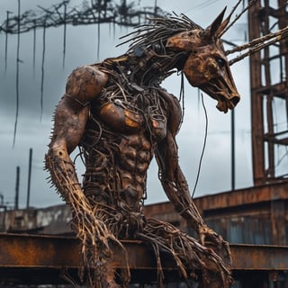 giant humanoid cyberpunk predator with rusty unicorn head, rusty wires mane, spiked spine, tall slender muscular male body, damaged skin with wire patterns and oil leaks, birds flying above head, sitting on rusty beam, post apocalypse junkyard background, rainy day, elegant human anatomy, aesthetic, view from below, 4k, ultra detailed, deep focus