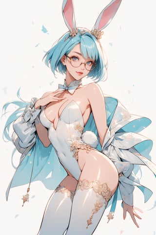 masterpiece,best quality, highly detailed, score_9, score_8_up, score_7_up, score_6_up,  BREAK,1girl, , detail face , detail eyes, kawaii glasses,  playboy playmate, bunny suit, asymmetrical bob cut, small boobs, bunny suit, bunny ears, full body dancing, seductive, teasing viewer, smile,NegfeetV2, lineless, simple background
