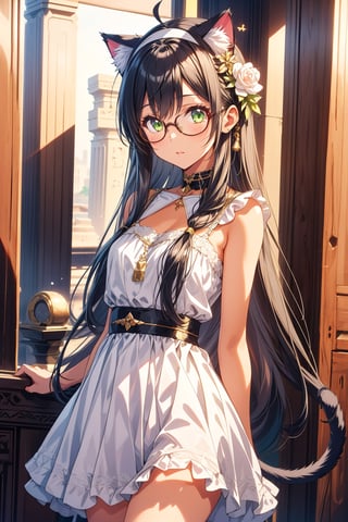 1girl, glasses, tan, white headband, long hair, straight hair, black hair, green eyes, cat ears, cat tail, white dress, Ay-O, maya, egyptian art