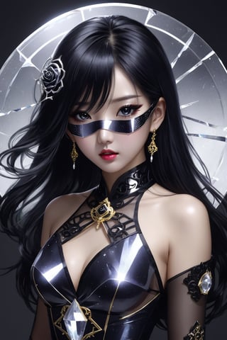 (crystal cyber mask:1.1), (broken glass asian dress:1.1), 1girl, solo, breasts, crystal hair pin, black and silver themed image, full_body_portrait, asian features, long hair, black hair, black eyes, thin lips, delicate face, round face,Asian,Asian Girl,Asian Woman, makeup, motoko2045, no expression, Gold Edged Black Rose, realistic, shards, plain background