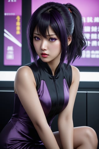 MASTERPIECE, BEST QUALITY, HIGH QUALITY, DIGITAL_ART, OCTANE, AWARD_WINNING, HIGHRES, REALISTIC, BEAUTIFUL, PERFECT COMPOSITION, INTRICATE DETAILS, ULTRA-DETAILED, 1girl, solo, (full_body_portrait:1.2), asian features, dark hair, sexy black silk dress, purple eyes, thin lips, delicate face, round face,Asian,Asian Girl,Asian Woman, light eyeshadow makeup, motoko2045, no expression, cyberpunk2077,china dress