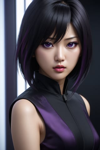 MASTERPIECE, BEST QUALITY, HIGH QUALITY, DIGITAL_ART, OCTANE, AWARD_WINNING, HIGHRES, REALISTIC, BEAUTIFUL, PERFECT COMPOSITION, INTRICATE DETAILS, ULTRA-DETAILED, 1girl, rating:safe, solo, (full_body_portrait:1.2), asian features, dark hair, black sexy silk dress, purple eyes, thin lips, delicate face, round face,Asian,Asian Girl,Asian Woman, light eyeshadow makeup, motoko2045, no expression, cyberpunk2077