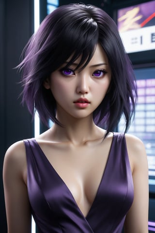 MASTERPIECE, BEST QUALITY, HIGH QUALITY, DIGITAL_ART, OCTANE, AWARD_WINNING, HIGHRES, REALISTIC, BEAUTIFUL, PERFECT COMPOSITION, INTRICATE DETAILS, ULTRA-DETAILED, 1girl, solo, (full_body_portrait:1.2), asian features, dark hair, sexy black silk dress, purple eyes, thin lips, delicate face, round face,Asian,Asian Girl,Asian Woman, light eyeshadow makeup, motoko2045, no expression, cyberpunk2077