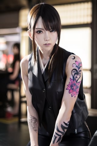 Finest, masterpiece, 8K, beauty, Japanese woman, angry,((tattoo)), black leather pants, black leather vest, female mafia, cyberpunk city, night,ftifa, ,TifaFF7,a photo of a japanese woman named hatano,1girl,yuna \(ff10\)