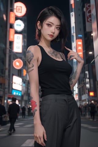 Top quality, masterpiece, 8K, beautiful woman, Japanese woman, expressionless, whole body, ((tattoo)), black slacks, white tank top, female mafia, cyberpunk city, night,ellafreya,Mitan