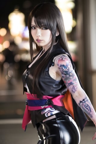 Finest, masterpiece, 8K, beauty, Japanese woman, angry,((tattoo)), black leather pants, black leather vest, female mafia, cyberpunk city, night,ftifa, ,TifaFF7,a photo of a japanese woman named hatano,1girl,yuna \(ff10\),hair ornament,grey_kimono,tifa lockhart