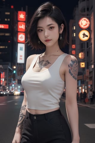 Top quality, masterpiece, 8K, beautiful woman, Japanese woman, expressionless, whole body, ((tattoo)), black slacks, white tank top, female mafia, cyberpunk city, night,ellafreya,Mitan