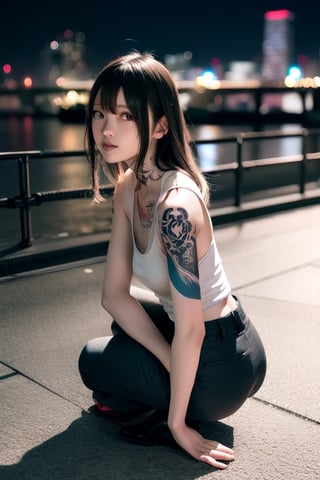 Top quality, masterpiece, 8K, beautiful woman, Japanese woman, expressionless, whole body, ((tattoo)), black slacks, white tank top, female mafia, cyberpunk city, night,ellafreya,Mitan,yuna \(ff10\),heterochromia,green eyes,blue eyes,kabashimahikari,airi_kijima