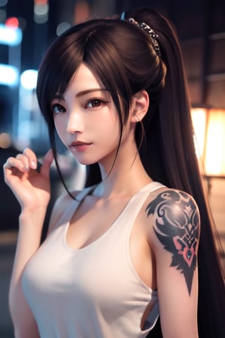 Top quality, masterpiece, 8K, beautiful woman, Japanese woman, expressionless, whole body, ((tattoo)), black slacks, white tank top, female mafia, cyberpunk city, night,ellafreya,Mitan,yuna \(ff10\),heterochromia,green eyes,blue eyes,kabashimahikari,airi_kijima,ftifa