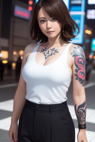 Top quality, masterpiece, 8K, beautiful woman, Japanese woman, expressionless, whole body, ((tattoo)), black slacks, white tank top, female mafia, cyberpunk city, night,ellafreya,Mitan,yuna \(ff10\),heterochromia,green eyes,blue eyes,kabashimahikari