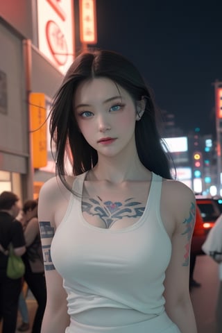 Top quality, masterpiece, 8K, beautiful woman, Japanese woman, expressionless, whole body, ((tattoo)), black slacks, white tank top, female mafia, cyberpunk city, night,ellafreya,Mitan,yuna \(ff10\),heterochromia,green eyes,blue eyes,kabashimahikari